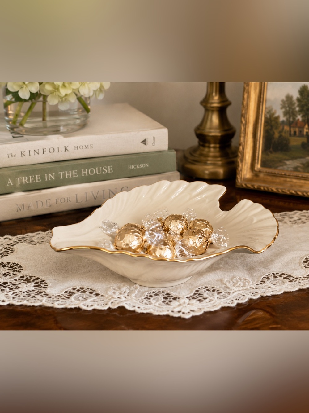 Vintage Lenox Ivory Porcelain Leaf Dish Gold Trim USA Candy Nut Trinket Bowl EUC